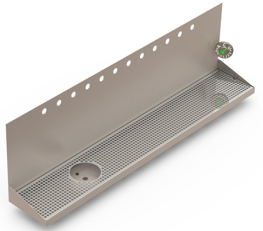 Wall Mount Drip Tray with Drain and Left Rinser Hole | 8" X 48" X 14" X 1" | Stainless Steel Mirror Finish | 12 Faucet Holes - ACU Precision Sheet Metal