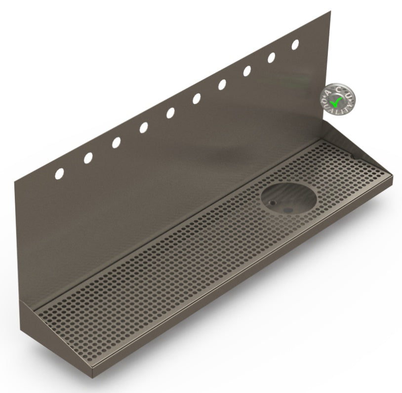 Wall Mount Drip Tray with Drain and Right Rinser Hole | 8" X 36" X 14" X 1" | S/S # 4 | 10 Faucet Holes - ACU Precision Sheet Metal