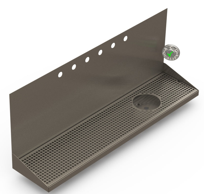 Wall Mount Drip Tray with Drain and Right Rinser Hole | 8" X 36" X 14" X 1" | S/S # 4 | 6 Faucet Holes - ACU Precision Sheet Metal