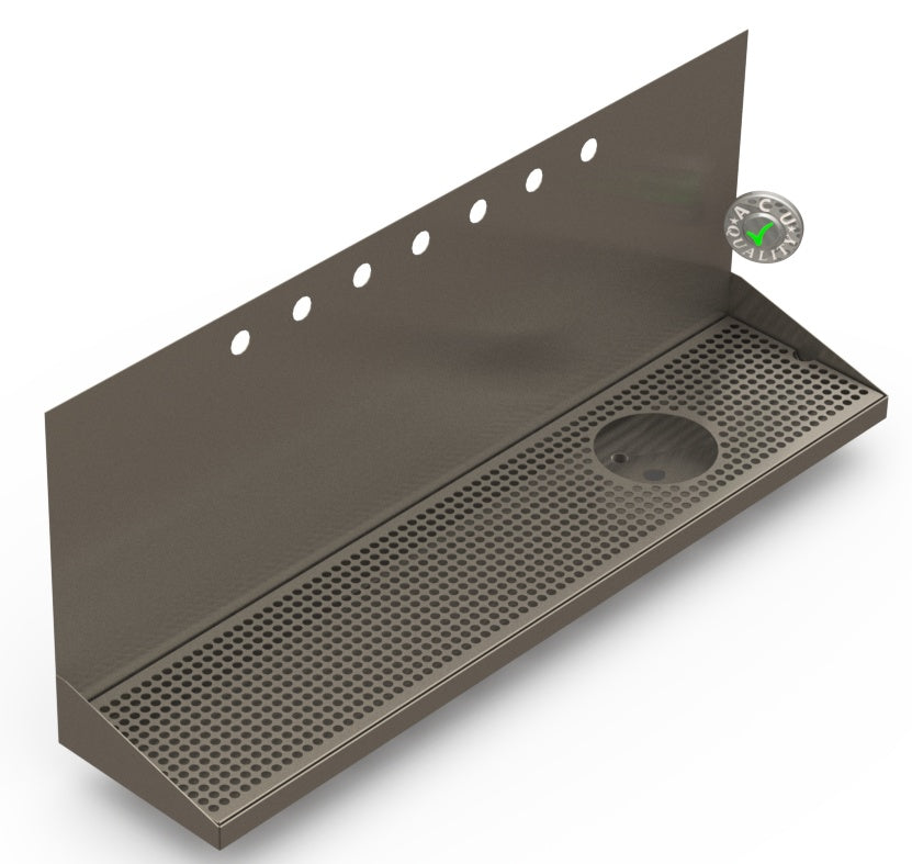 Wall Mount Drip Tray with Drain and Right Rinser Hole | 8" X 36" X 14" X 1" | S/S # 4 | 7 Faucet Holes - ACU Precision Sheet Metal