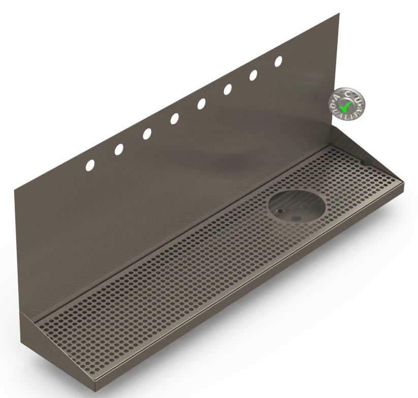 Wall Mount Drip Tray with Drain and Right Rinser Hole | 8" X 36" X 14" X 1" | S/S # 4 | 8 Faucet Holes - ACU Precision Sheet Metal