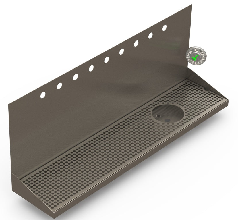 Wall Mount Drip Tray with Drain and Right Rinser Hole | 8" X 36" X 14" X 1" | S/S # 4 | 9 Faucet Holes - ACU Precision Sheet Metal