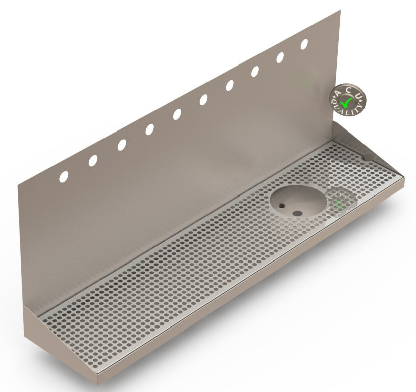 Wall Mount Drip Tray with Drain and Right Rinser Hole | 8" X 36" X 14" X 1" | Stainless Steel Mirror Finish | 10 Faucet Holes - ACU Precision Sheet Metal