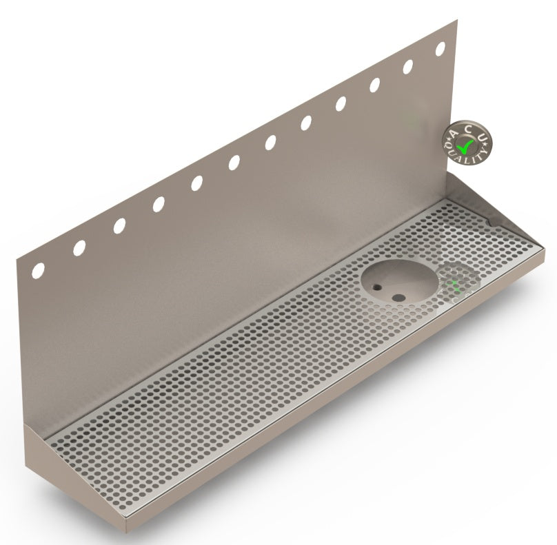 Wall Mount Drip Tray with Drain and Right Rinser Hole | 8" X 36" X 14" X 1" | Stainless Steel Mirror Finish | 12 Faucet Holes - ACU Precision Sheet Metal