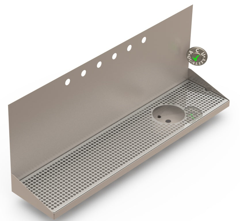 Wall Mount Drip Tray with Drain and Right Rinser Hole | 8" X 36" X 14" X 1" | Stainless Steel Mirror Finish | 6 Faucet Holes - ACU Precision Sheet Metal