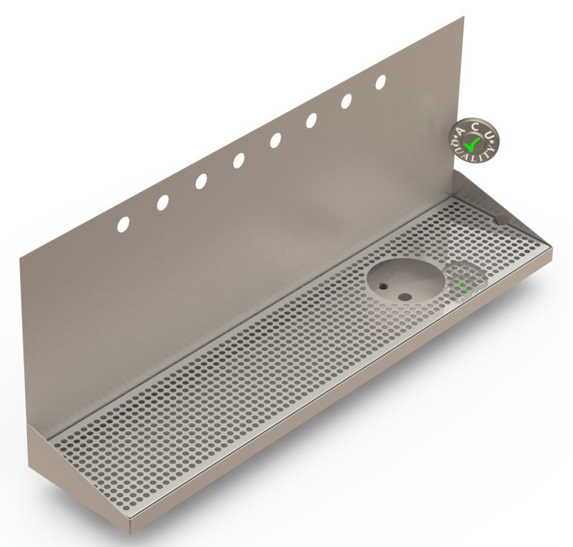 Wall Mount Drip Tray with Drain and Right Rinser Hole | 8" X 36" X 14" X 1" | Stainless Steel Mirror Finish | 8 Faucet Holes - ACU Precision Sheet Metal