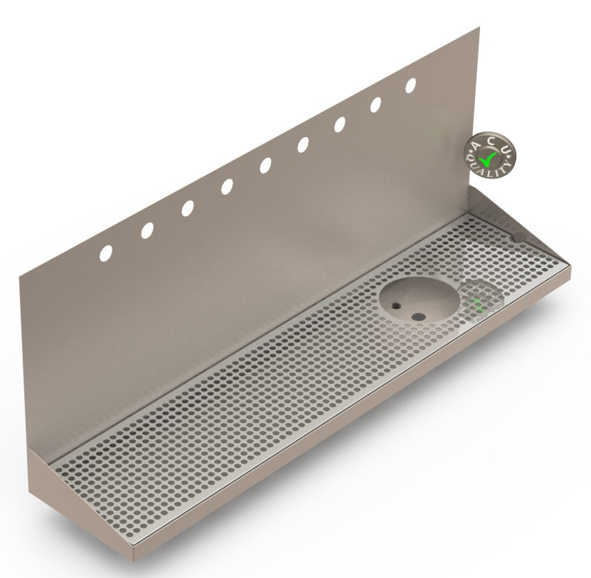Wall Mount Drip Tray with Drain and Right Rinser Hole | 8" X 36" X 14" X 1" | Stainless Steel Mirror Finish | 9 Faucet Holes - ACU Precision Sheet Metal