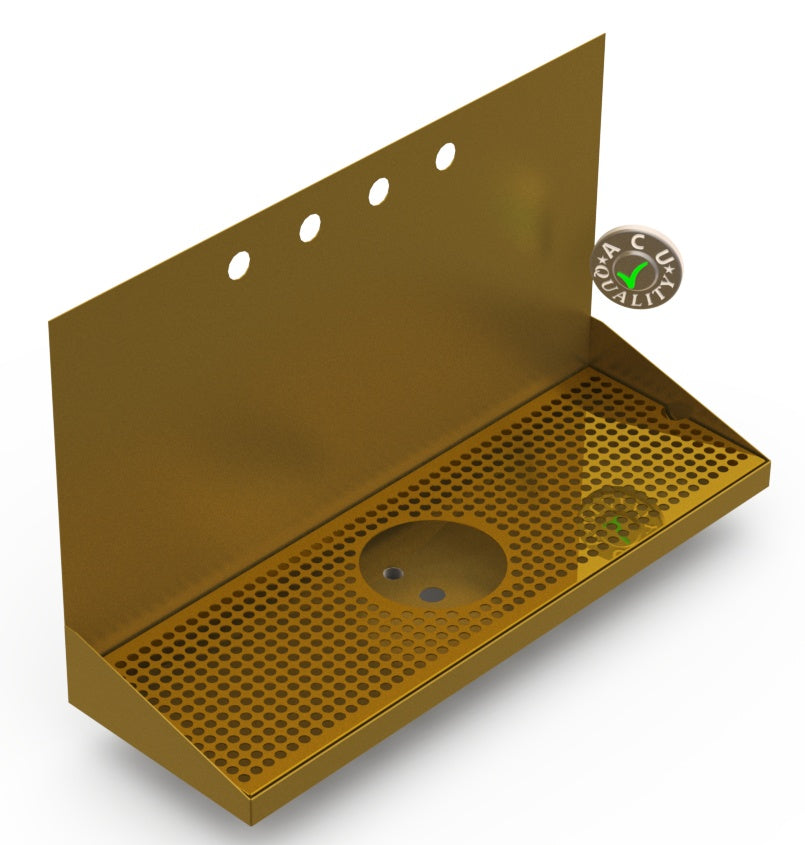 Wall Mount Drip Tray with Drain and Rinser Hole | 8" X 24" X 14" X 1" | Brass | 4 Faucet Holes - ACU Precision Sheet Metal