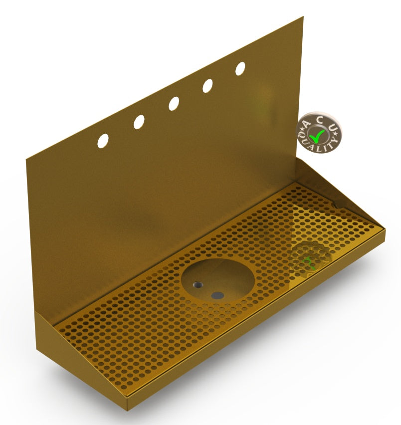 Wall Mount Drip Tray with Drain and Rinser Hole | 8" X 24" X 14" X 1" | Brass | 5 Faucet Holes - ACU Precision Sheet Metal