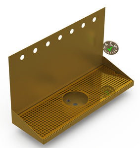 Wall Mount Drip Tray with Drain and Rinser Hole | 8" X 24" X 14" X 1" | Brass | 7 Faucet Holes - ACU Precision Sheet Metal
