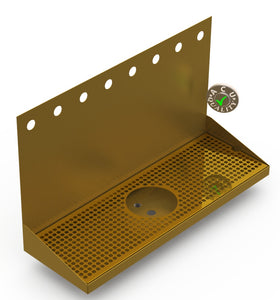 Wall Mount Drip Tray with Drain and Rinser Hole | 8" X 24" X 14" X 1" | Brass | 8 Faucet Holes - ACU Precision Sheet Metal