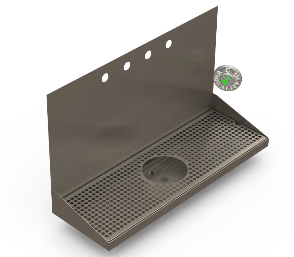 Wall Mount Drip Tray with Drain and Rinser Hole | 8" X 24" X 14" X 1" | S/S # 4 | 4 Faucet Holes - ACU Precision Sheet Metal