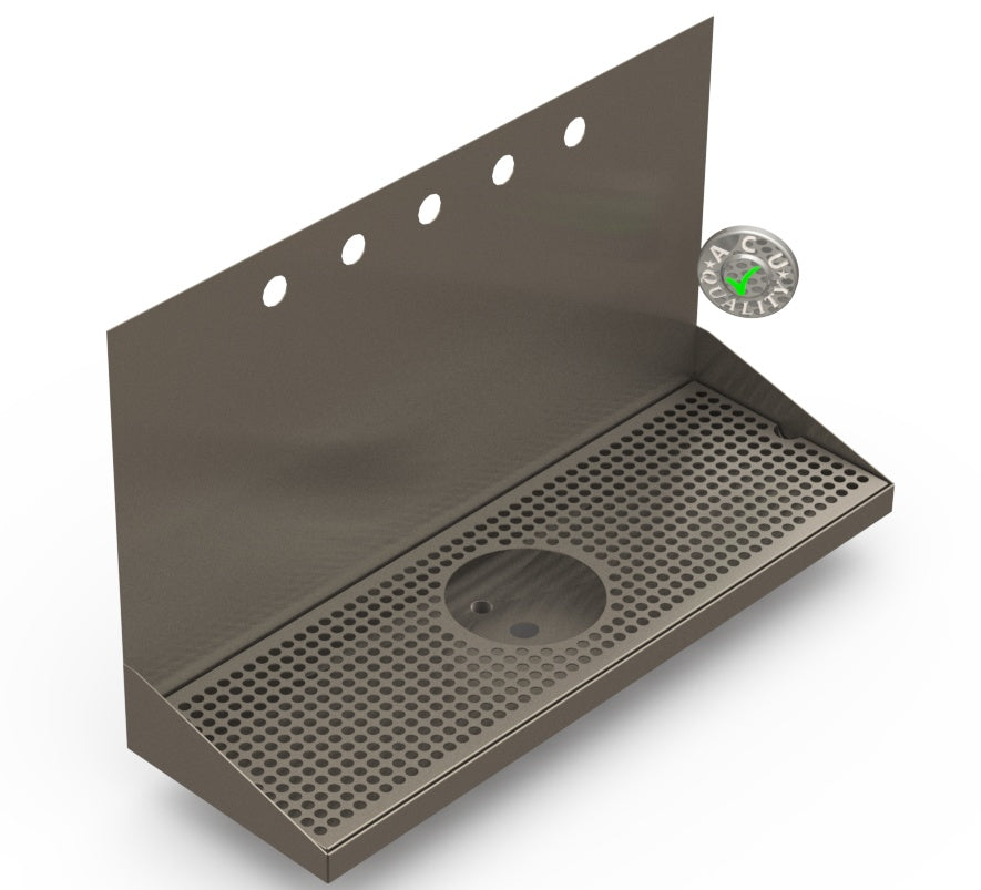 Wall Mount Drip Tray with Drain and Rinser Hole | 8" X 24" X 14" X 1" | S/S # 4 | 5 Faucet Holes - ACU Precision Sheet Metal