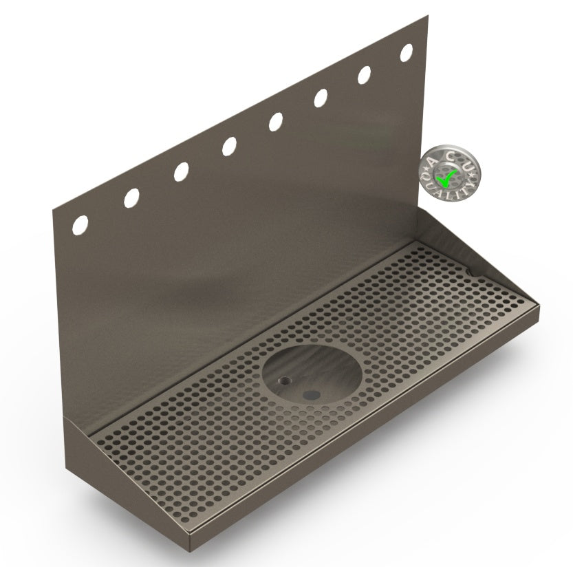 Wall Mount Drip Tray with Drain and Rinser Hole | 8" X 24" X 14" X 1" | S/S # 4 | 8 Faucet Holes - ACU Precision Sheet Metal