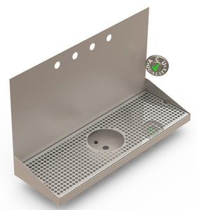 Wall Mount Drip Tray with Drain and Rinser Hole | 8" X 24" X 14" X 1" | Stainless Steel Mirror Finish | 4 Faucet Holes - ACU Precision Sheet Metal