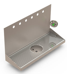 Wall Mount Drip Tray with Drain and Rinser Hole | 8" X 24" X 14" X 1" | Stainless Steel Mirror Finish | 6 Faucet Holes - ACU Precision Sheet Metal