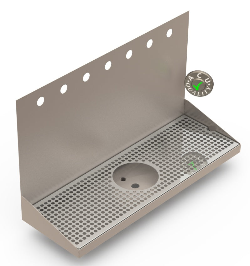 Wall Mount Drip Tray with Drain and Rinser Hole | 8" X 24" X 14" X 1" | Stainless Steel Mirror Finish | 7 Faucet Holes - ACU Precision Sheet Metal