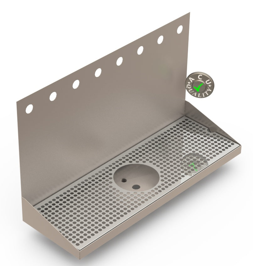 Wall Mount Drip Tray with Drain and Rinser Hole | 8" X 24" X 14" X 1" | Stainless Steel Mirror Finish | 8 Faucet Holes - ACU Precision Sheet Metal
