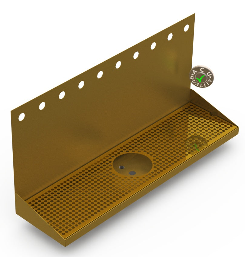 Wall Mount Drip Tray with Drain and Rinser Hole | 8" X 30" X 14" X 1" | Brass | 10 Faucet Holes - ACU Precision Sheet Metal