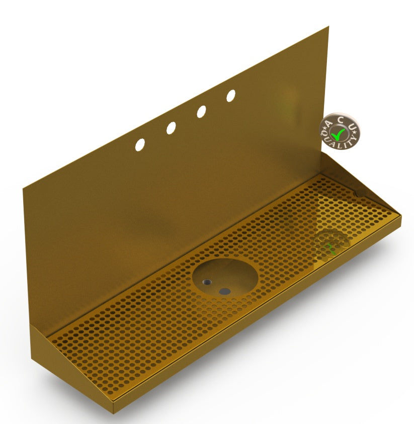 Wall Mount Drip Tray with Drain and Rinser Hole | 8" X 30" X 14" X 1" | Brass | 4 Faucet Holes - ACU Precision Sheet Metal