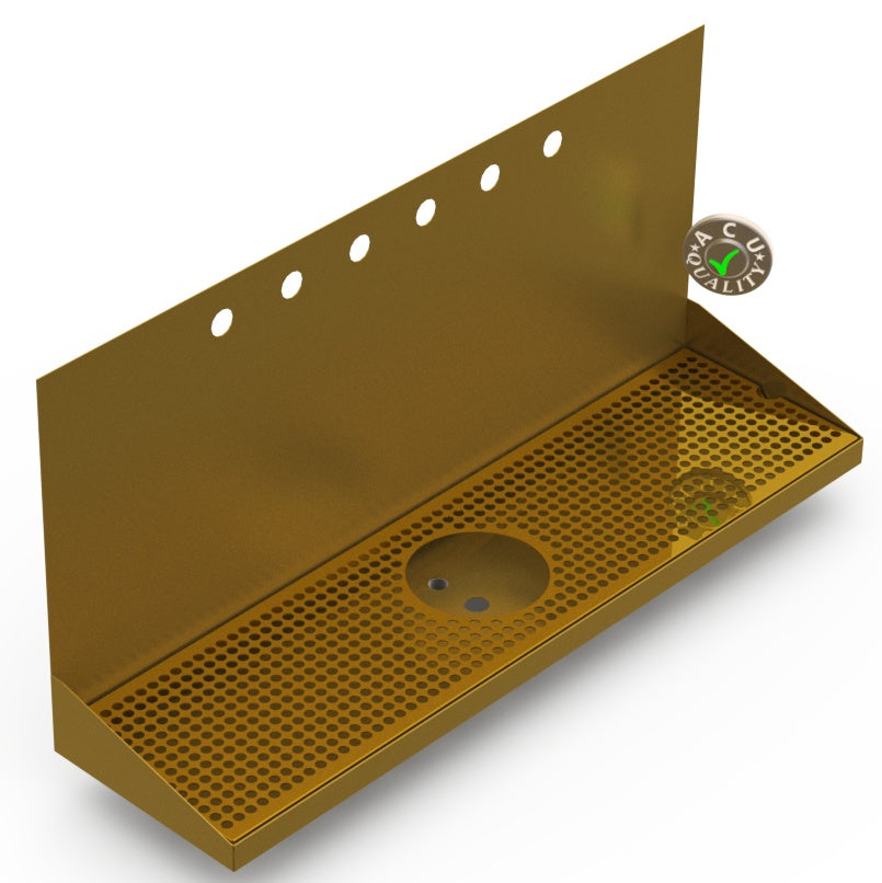 Wall Mount Drip Tray with Drain and Rinser Hole | 8" X 30" X 14" X 1" | Brass | 6 Faucet Holes - ACU Precision Sheet Metal
