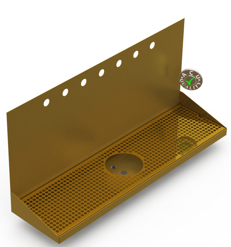 Wall Mount Drip Tray with Drain and Rinser Hole | 8" X 30" X 14" X 1" | Brass | 7 Faucet Holes - ACU Precision Sheet Metal