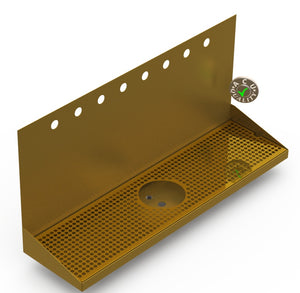 Wall Mount Drip Tray with Drain and Rinser Hole | 8" X 30" X 14" X 1" | Brass | 8 Faucet Holes - ACU Precision Sheet Metal