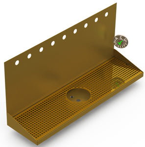 Wall Mount Drip Tray with Drain and Rinser Hole | 8" X 30" X 14" X 1" | Brass | 9 Faucet Holes - ACU Precision Sheet Metal