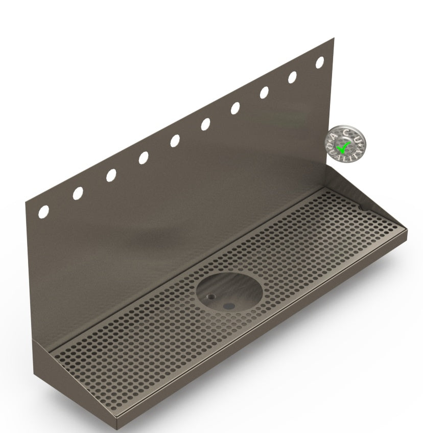Wall Mount Drip Tray with Drain and Rinser Hole | 8" X 30" X 14" X 1" | S/S # 4 | 10 Faucet Holes - ACU Precision Sheet Metal
