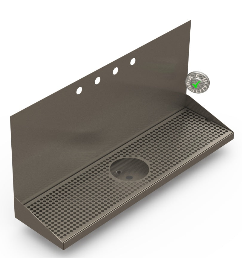 Wall Mount Drip Tray with Drain and Rinser Hole | 8" X 30" X 14" X 1" | S/S # 4 | 4 Faucet Holes - ACU Precision Sheet Metal