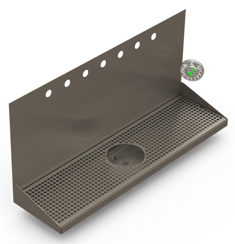Wall Mount Drip Tray with Drain and Rinser Hole | 8" X 30" X 14" X 1" | S/S # 4 | 7 Faucet Holes - ACU Precision Sheet Metal