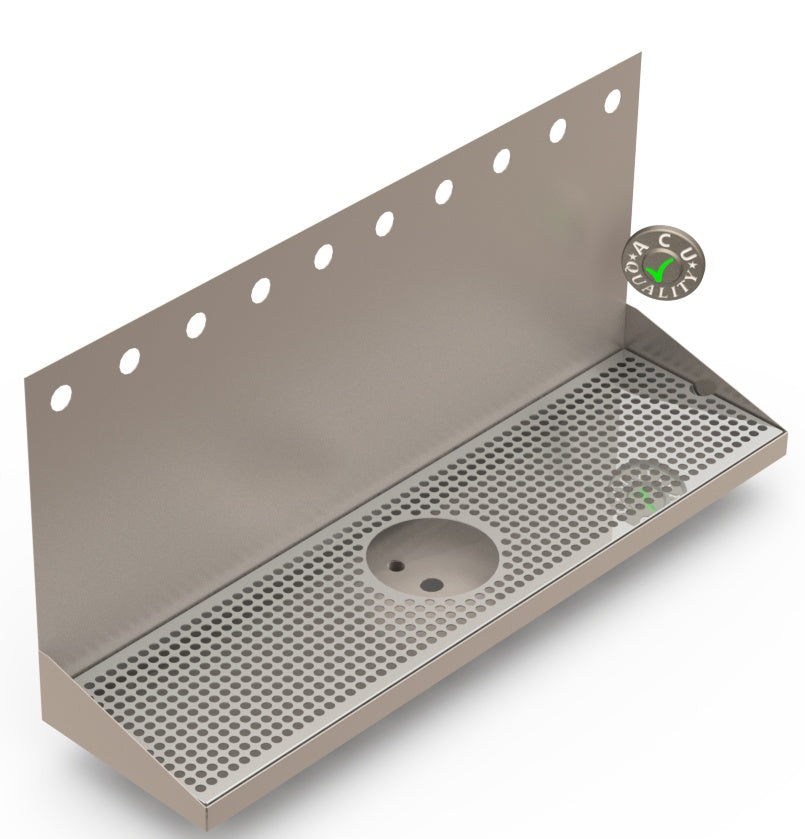 Wall Mount Drip Tray with Drain and Rinser Hole | 8" X 30" X 14" X 1" | Stainless Steel Mirror Finish | 10 Faucet Holes - ACU Precision Sheet Metal
