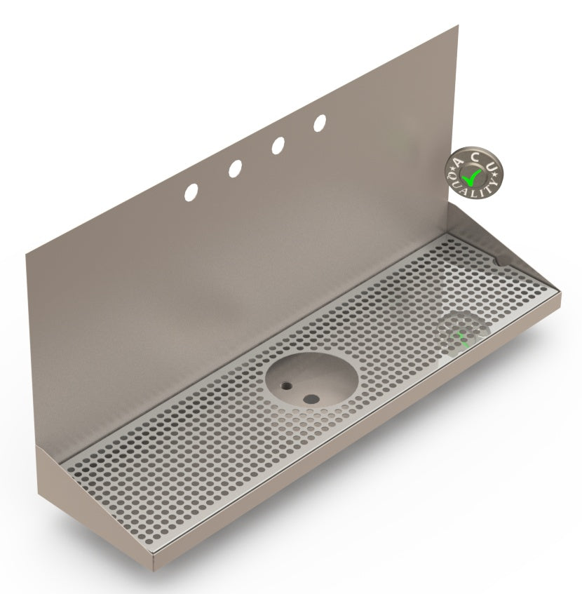 Wall Mount Drip Tray with Drain and Rinser Hole | 8" X 30" X 14" X 1" | Stainless Steel Mirror Finish | 4 Faucet Holes - ACU Precision Sheet Metal