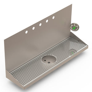 Wall Mount Drip Tray with Drain and Rinser Hole | 8" X 30" X 14" X 1" | Stainless Steel Mirror Finish | 5 Faucet Holes - ACU Precision Sheet Metal