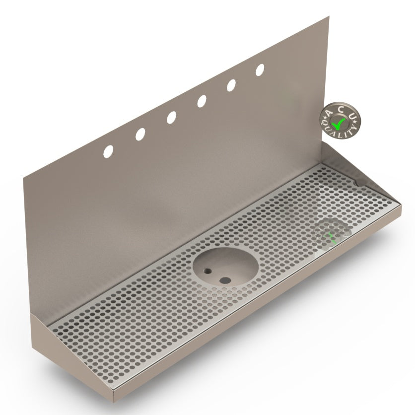 Wall Mount Drip Tray with Drain and Rinser Hole | 8" X 30" X 14" X 1" | Stainless Steel Mirror Finish | 6 Faucet Holes - ACU Precision Sheet Metal