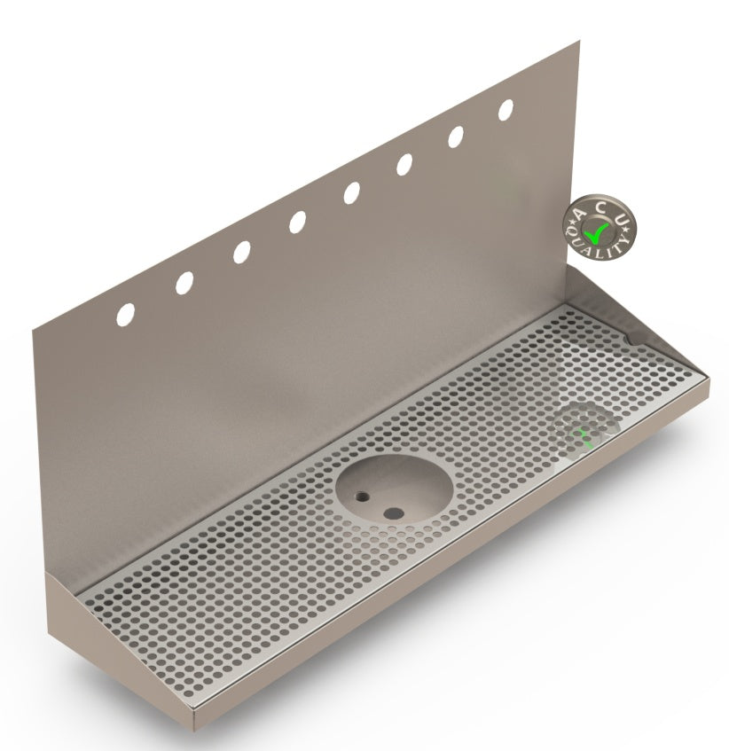 Wall Mount Drip Tray with Drain and Rinser Hole | 8" X 30" X 14" X 1" | Stainless Steel Mirror Finish | 8 Faucet Holes - ACU Precision Sheet Metal