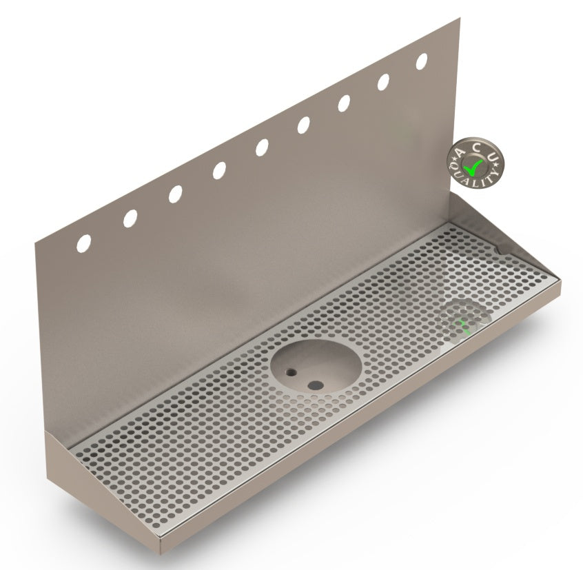 Wall Mount Drip Tray with Drain and Rinser Hole | 8" X 30" X 14" X 1" | Stainless Steel Mirror Finish | 9 Faucet Holes - ACU Precision Sheet Metal