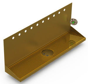 Wall Mount Drip Tray with Drain and Rinser Hole | 8" X 36" X 14" X 1" | Brass | 10 Faucet Holes - ACU Precision Sheet Metal