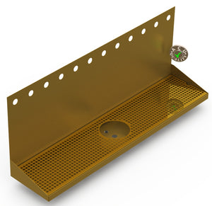Wall Mount Drip Tray with Drain and Rinser Hole | 8" X 36" X 14" X 1" | Brass | 12 Faucet Holes - ACU Precision Sheet Metal