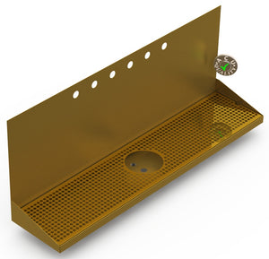 Wall Mount Drip Tray with Drain and Rinser Hole | 8" X 36" X 14" X 1" | Brass | 6 Faucet Holes - ACU Precision Sheet Metal