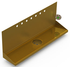 Wall Mount Drip Tray with Drain and Rinser Hole | 8" X 36" X 14" X 1" | Brass | 7 Faucet Holes - ACU Precision Sheet Metal