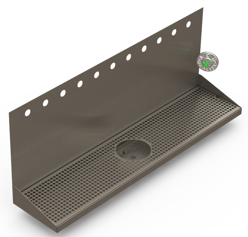 Wall Mount Drip Tray with Drain and Rinser Hole | 8" X 36" X 14" X 1" | S/S # 4 | 11 Faucet Holes - ACU Precision Sheet Metal