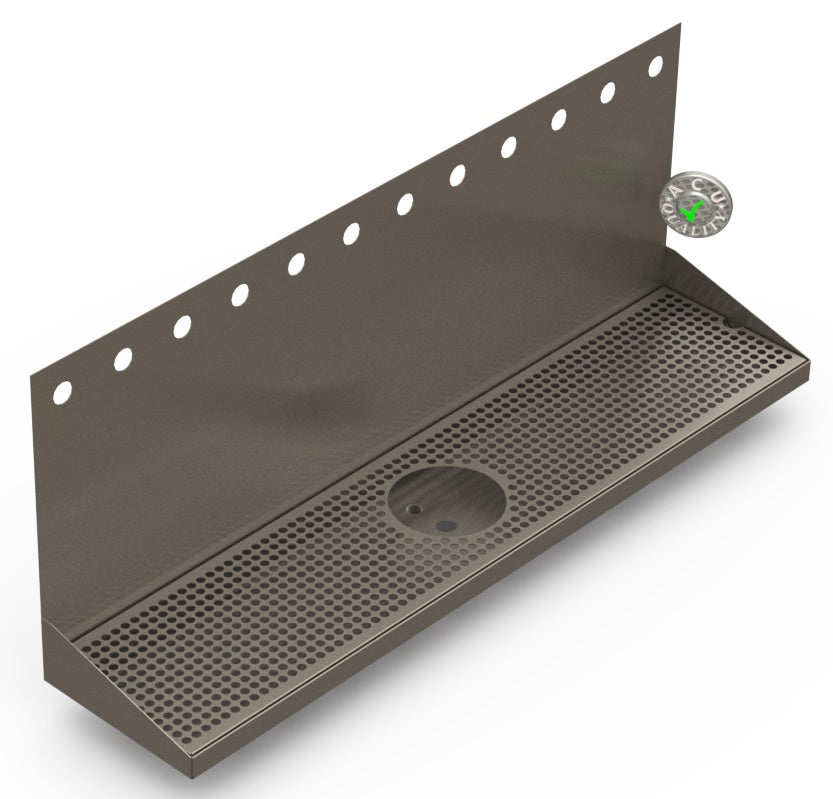 Wall Mount Drip Tray with Drain and Rinser Hole | 8" X 36" X 14" X 1" | S/S # 4 | 12 Faucet Holes - ACU Precision Sheet Metal