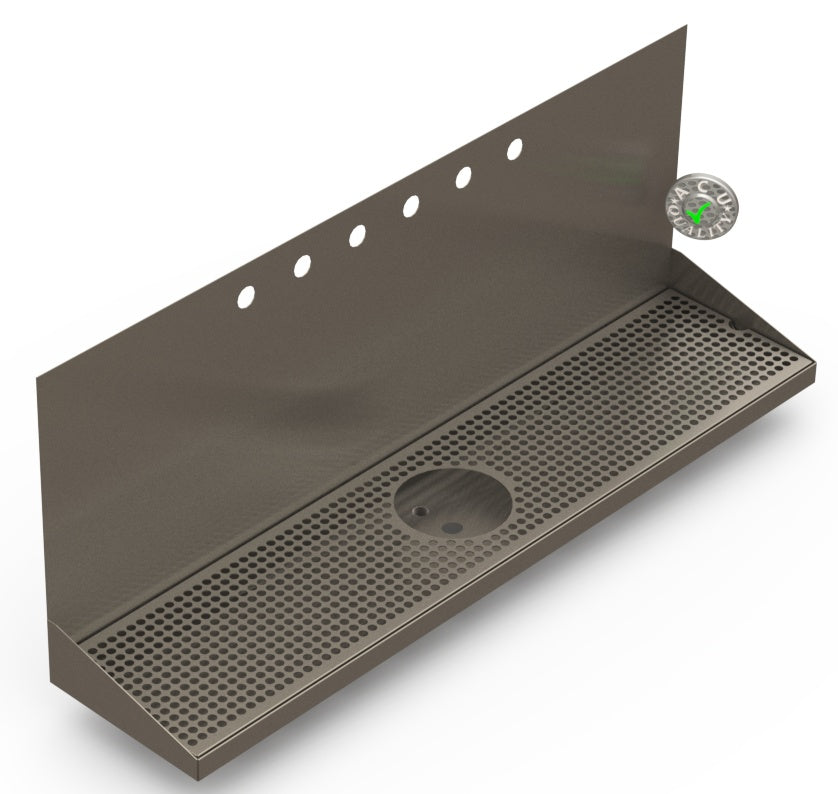 Wall Mount Drip Tray with Drain and Rinser Hole | 8" X 36" X 14" X 1" | S/S # 4 | 6 Faucet Holes - ACU Precision Sheet Metal