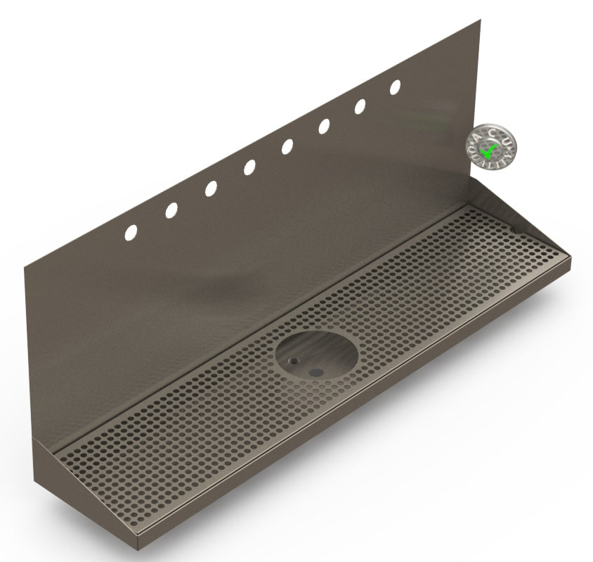 Wall Mount Drip Tray with Drain and Rinser Hole | 8" X 36" X 14" X 1" | S/S # 4 | 8 Faucet Holes - ACU Precision Sheet Metal