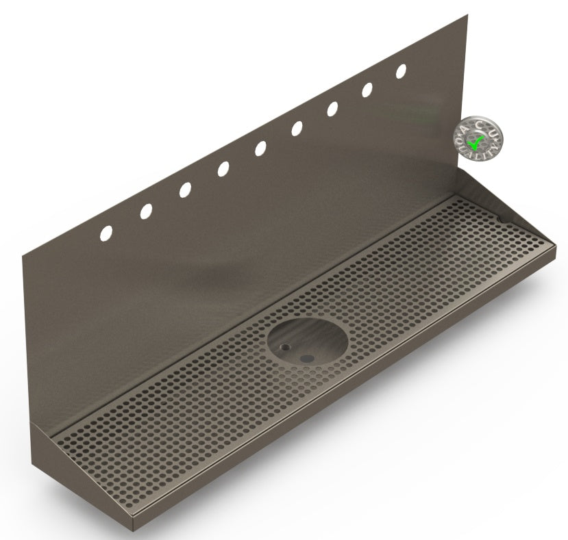 Wall Mount Drip Tray with Drain and Rinser Hole | 8" X 36" X 14" X 1" | S/S # 4 | 9 Faucet Holes - ACU Precision Sheet Metal