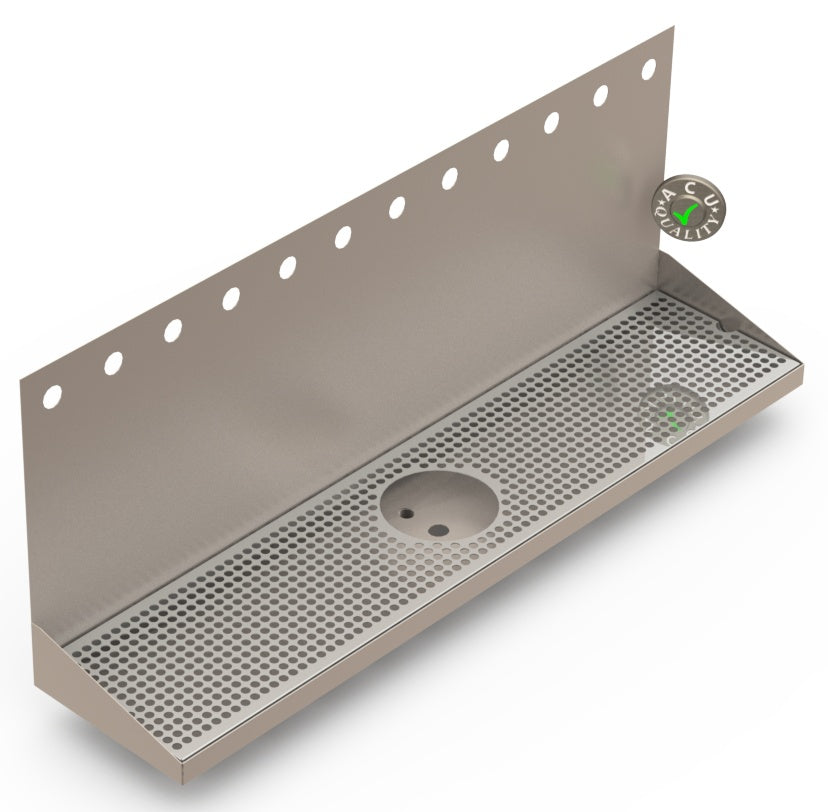Wall Mount Drip Tray with Drain and Rinser Hole | 8" X 36" X 14" X 1" | Stainless Steel Mirror Finish | 12 Faucet Holes - ACU Precision Sheet Metal