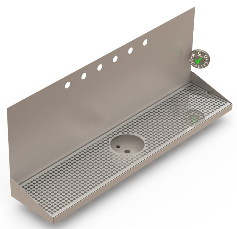 Wall Mount Drip Tray with Drain and Rinser Hole | 8" X 36" X 14" X 1" | Stainless Steel Mirror Finish | 6 Faucet Holes - ACU Precision Sheet Metal