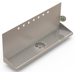 Wall Mount Drip Tray with Drain and Rinser Hole | 8" X 36" X 14" X 1" | Stainless Steel Mirror Finish | 7 Faucet Holes - ACU Precision Sheet Metal