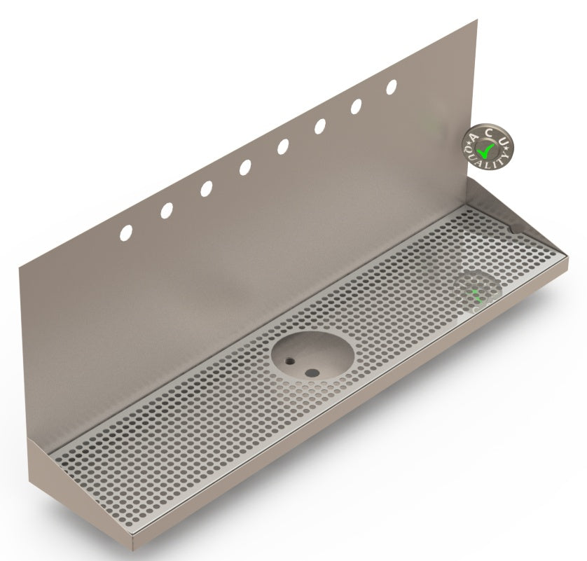 Wall Mount Drip Tray with Drain and Rinser Hole | 8" X 36" X 14" X 1" | Stainless Steel Mirror Finish | 8 Faucet Holes - ACU Precision Sheet Metal